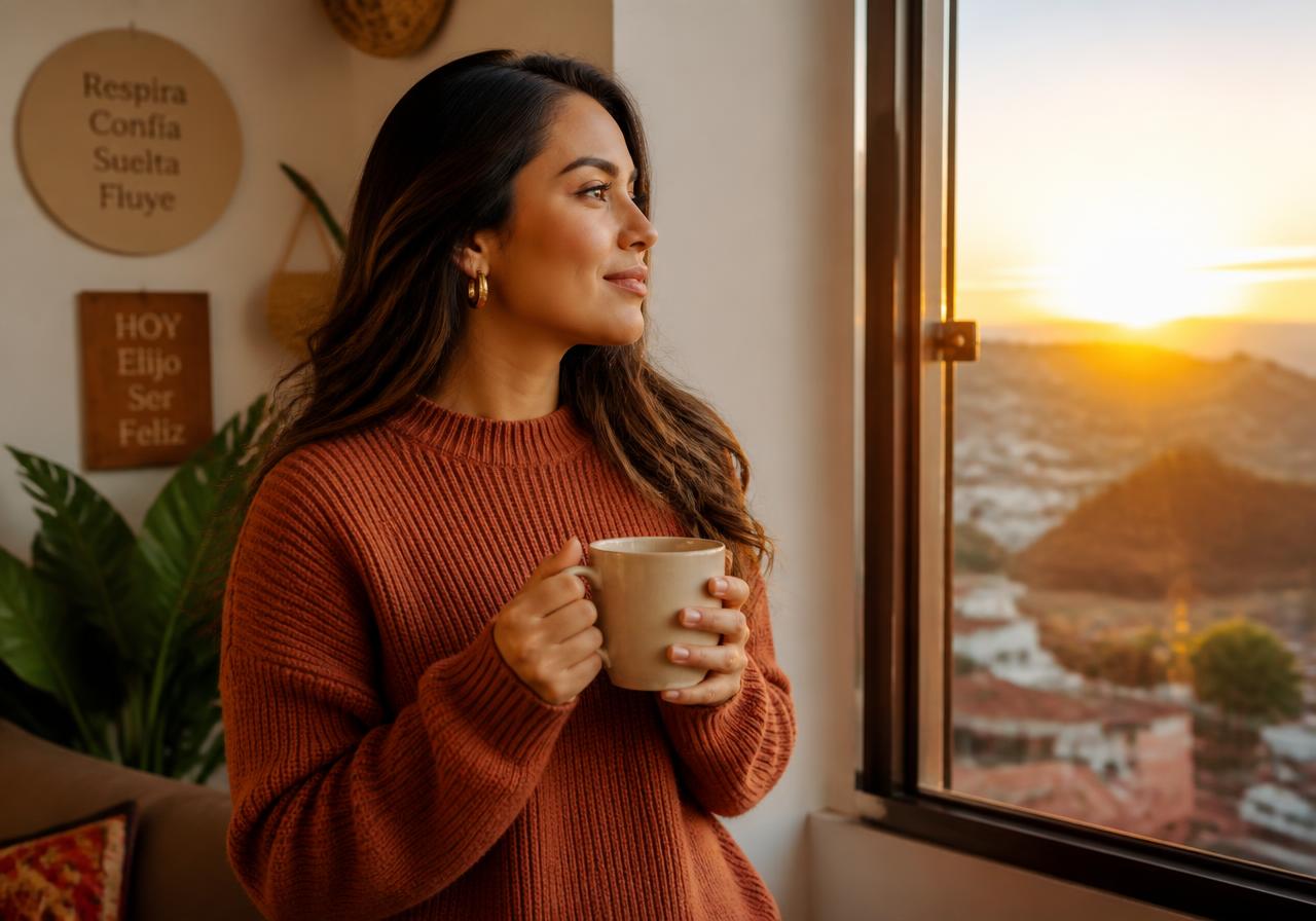 Mujer al amanecer junto a una ventana con una taza de té en las manos