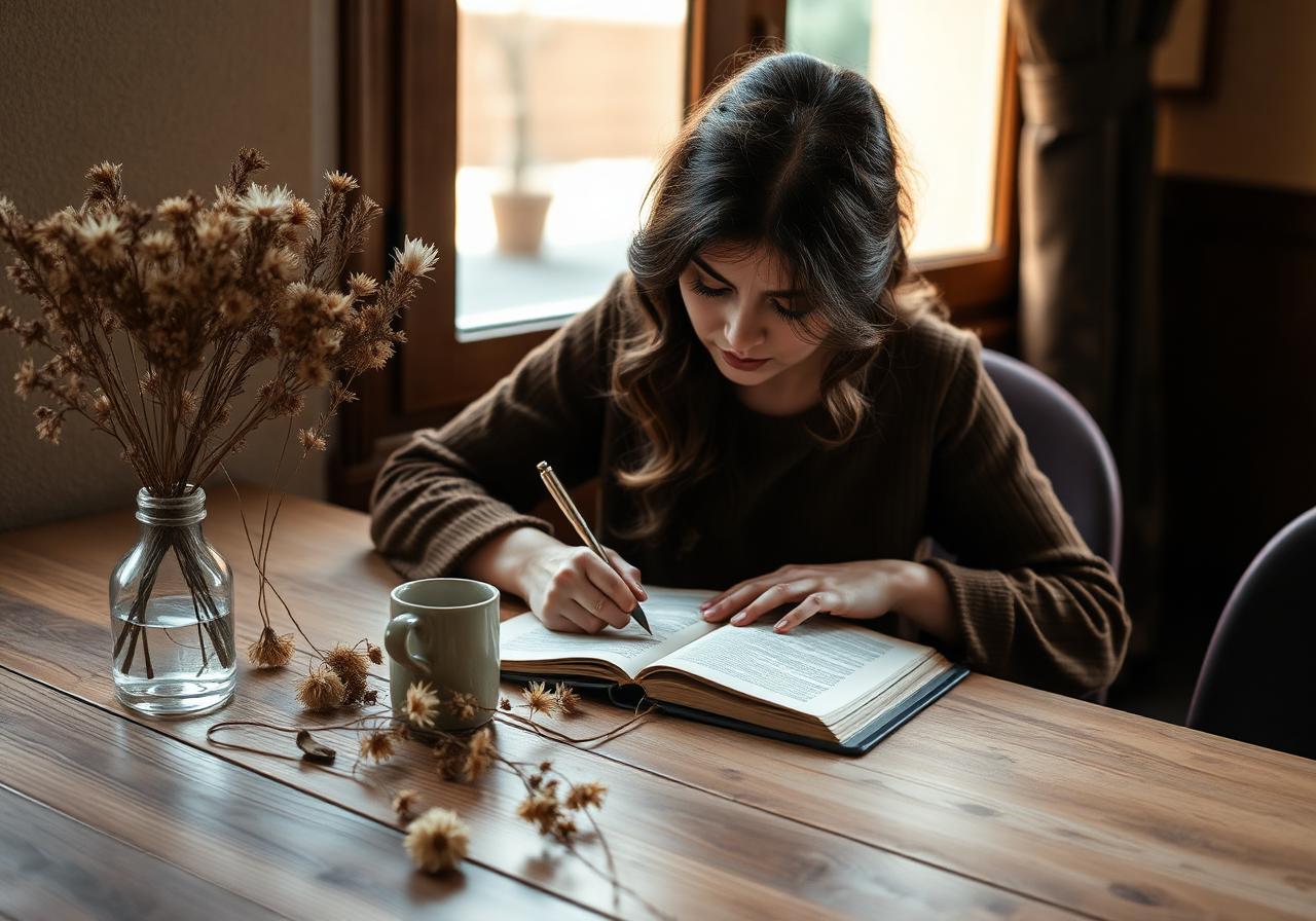 Mujer escribiendo en su diario sobre una mesa de madera cálida