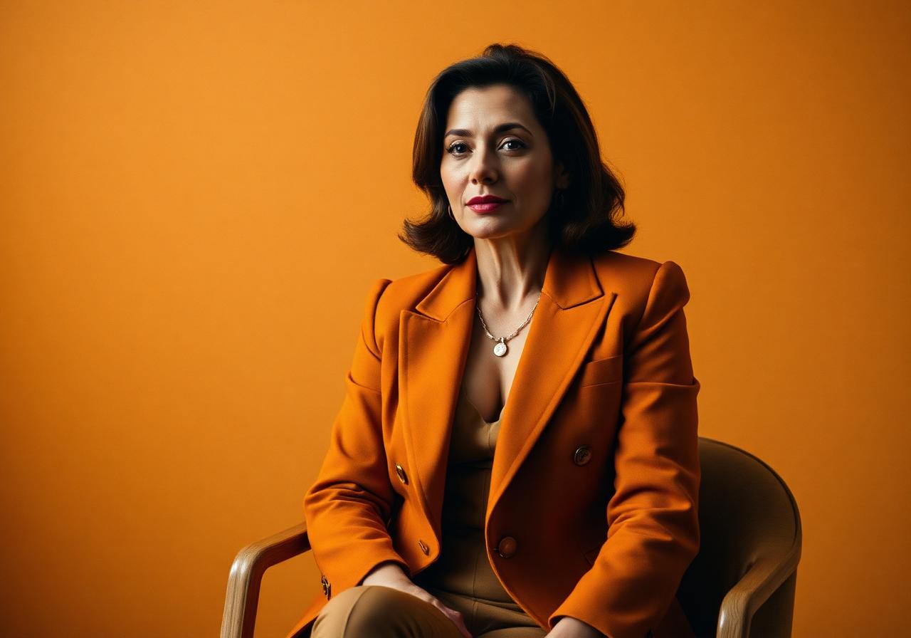 Mujer con blazer ocre sentada en un estudio de tonos cálidos