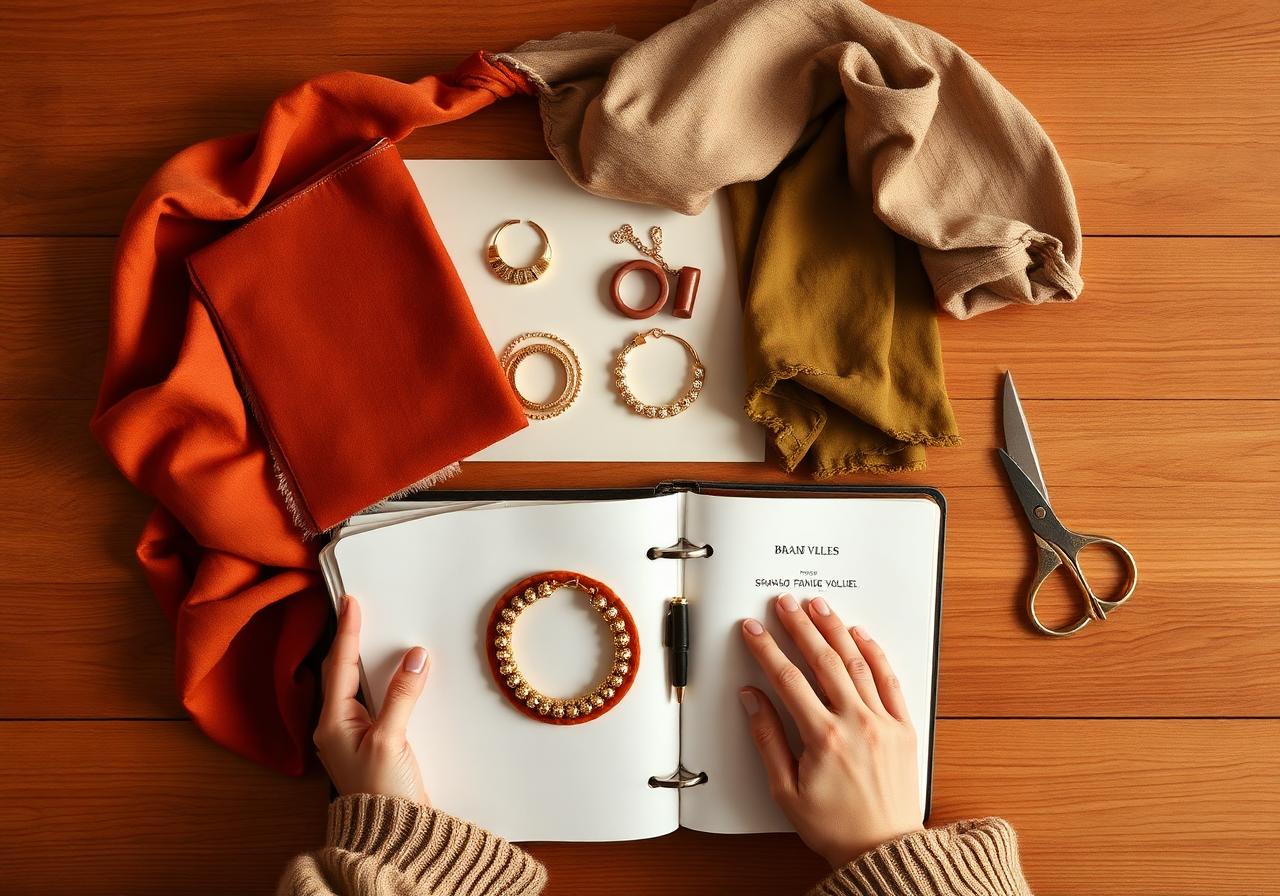 Mesa con telas en tonos terracota y oliva, joyas doradas y libreta de valores