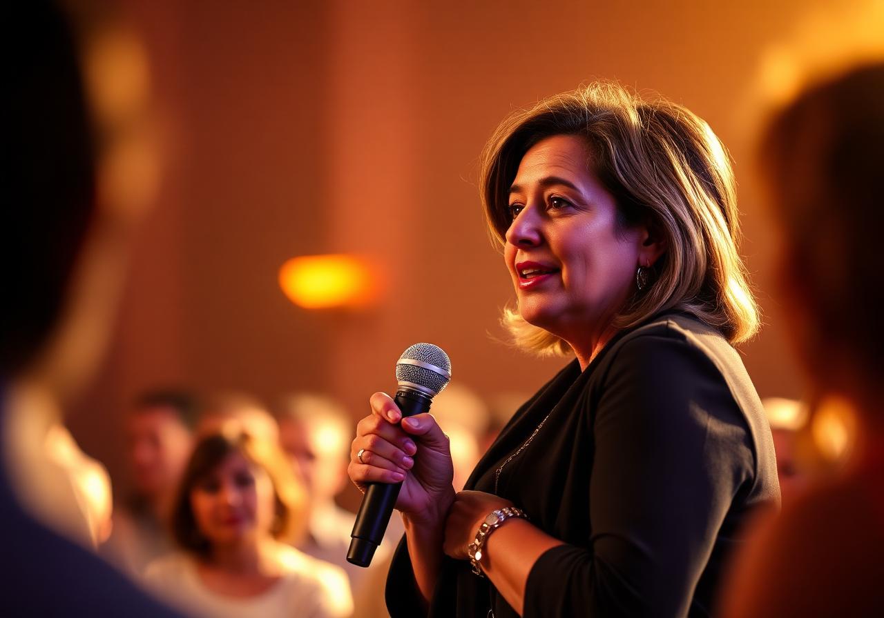 Mujer hablando con micrófono ante un público en un evento cálido