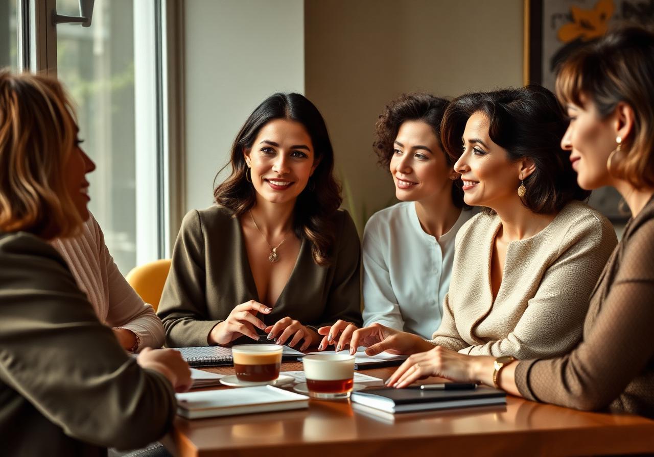 Grupo de mujeres conversando alrededor de una mesa con café y libretas